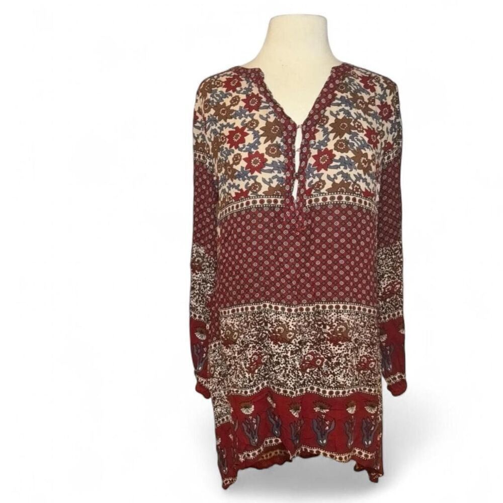 Chelsea & Violet Boho Floral Print Long Sleeve Tunic Top Red Multicolor Size L